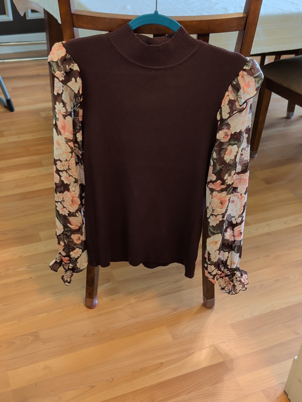 Absolutely Famous Brown Mock Neck Sweater with Floral Puff Sleeves